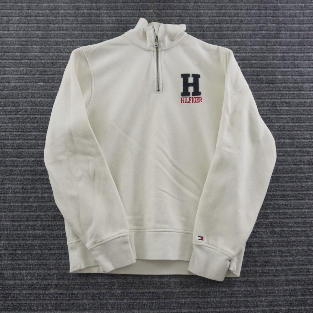 Tommy Hilfiger Quarter-Zip Sweatshirt Mens M Cream Embroidered Logo H Flag